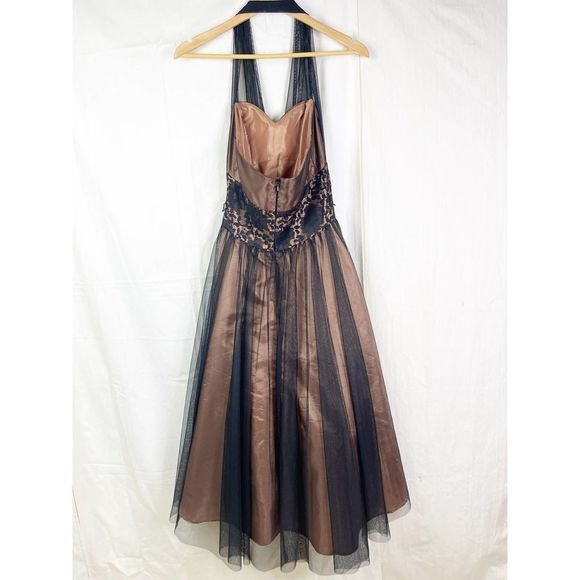 Vintage 90's Does 50's Bronze And Black Halter Dress - Full Skirt - Picture 6 of 7